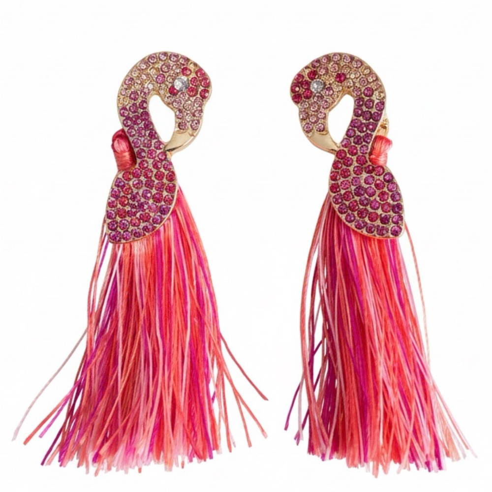 BaubleBar Pink Flamingo Tassel Drops NWT 2” Magenta Fringe Gold